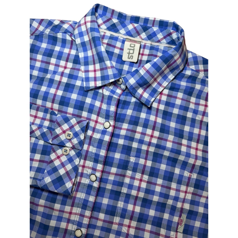 Stio Blue White and Purple Plaid Button-Down Shirt